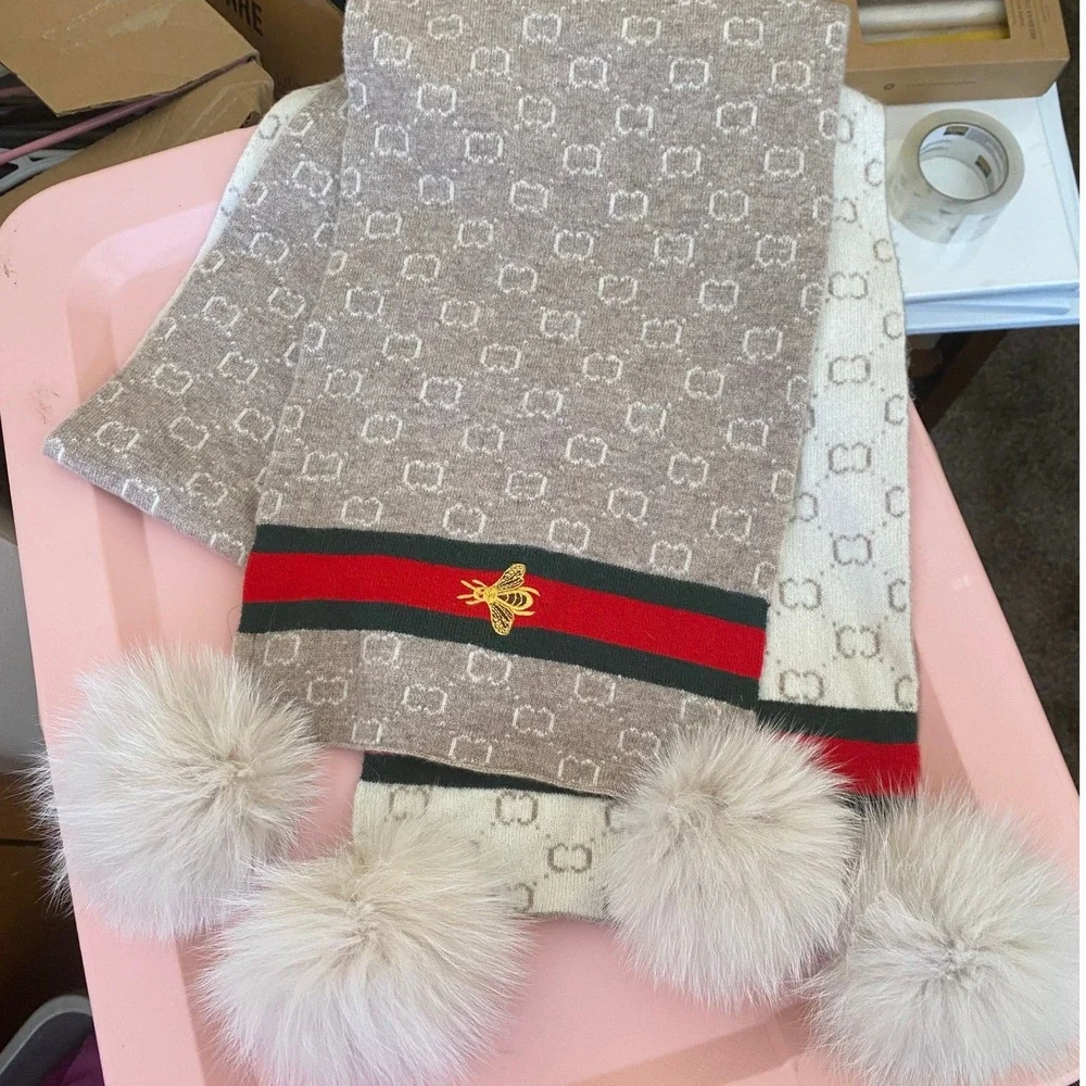Mitchies 100% Wool Monogram Bee Embroidered Fur Pom Pom Scarf Luxury Glam Winter